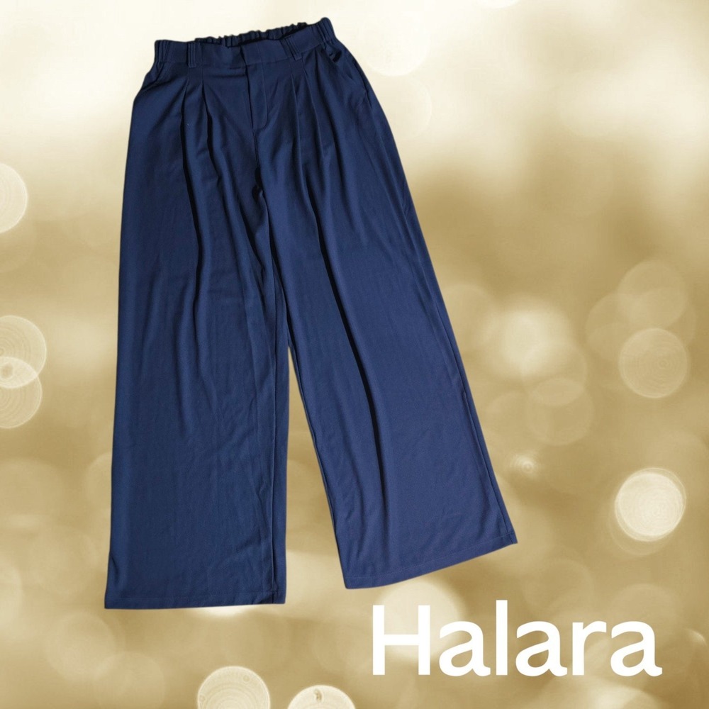 Halara Womens Pleated High Waisted Wide Leg Trouser Pants Navy Blue Large NEW